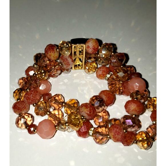 Retro Coral Beaded Jewelry Set – Necklace, Bracelet, Earrings Vintage Fashion - Picture 3 of 9